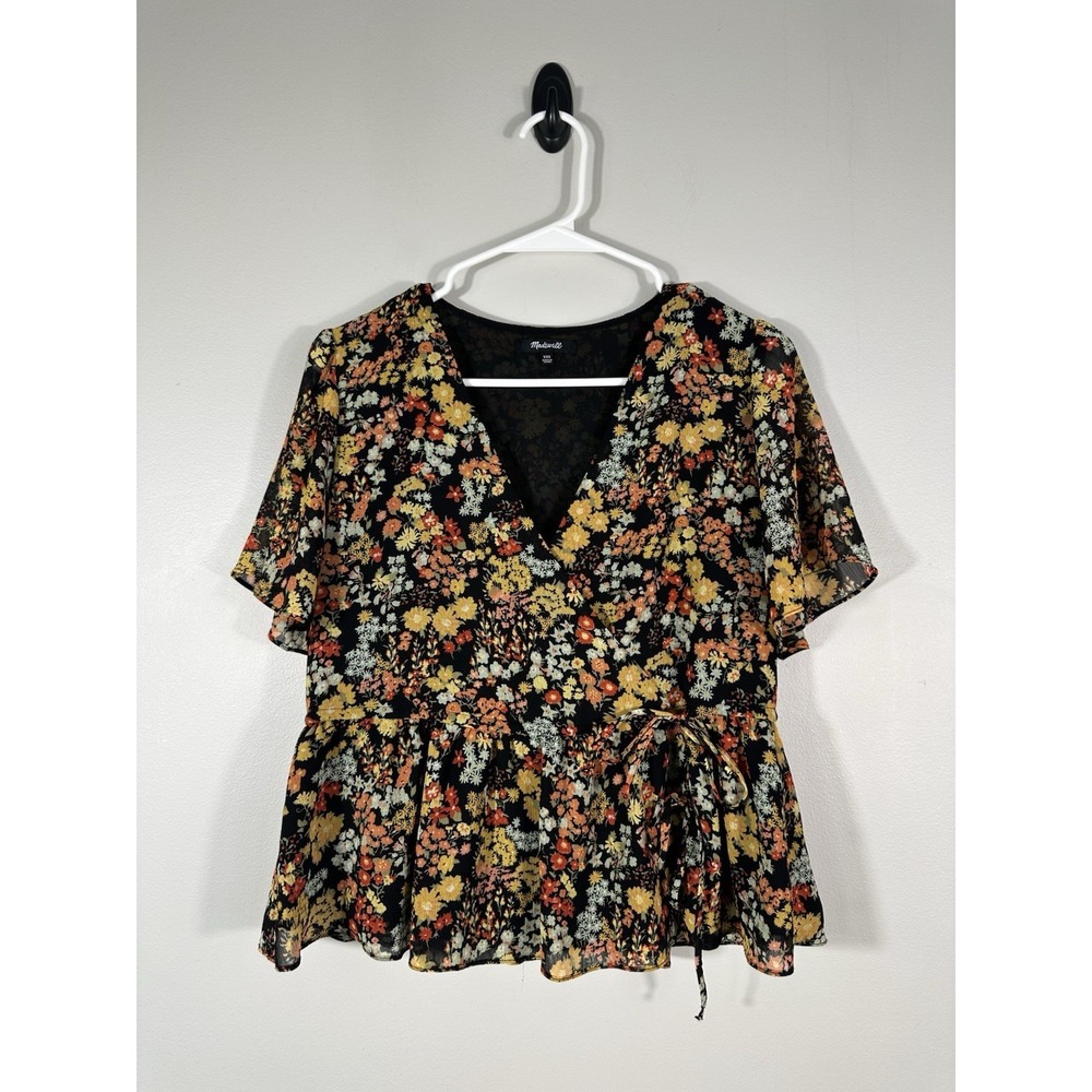 Madewell Top Womens XXS Black Floral Short-Sleeve Peplum Wrap Flower Garden